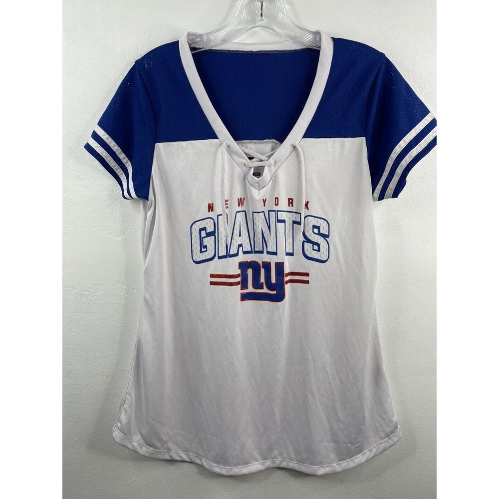 NFL Team Apparel White New York Giants V Neck Tie T Shirt Womens Size Large
